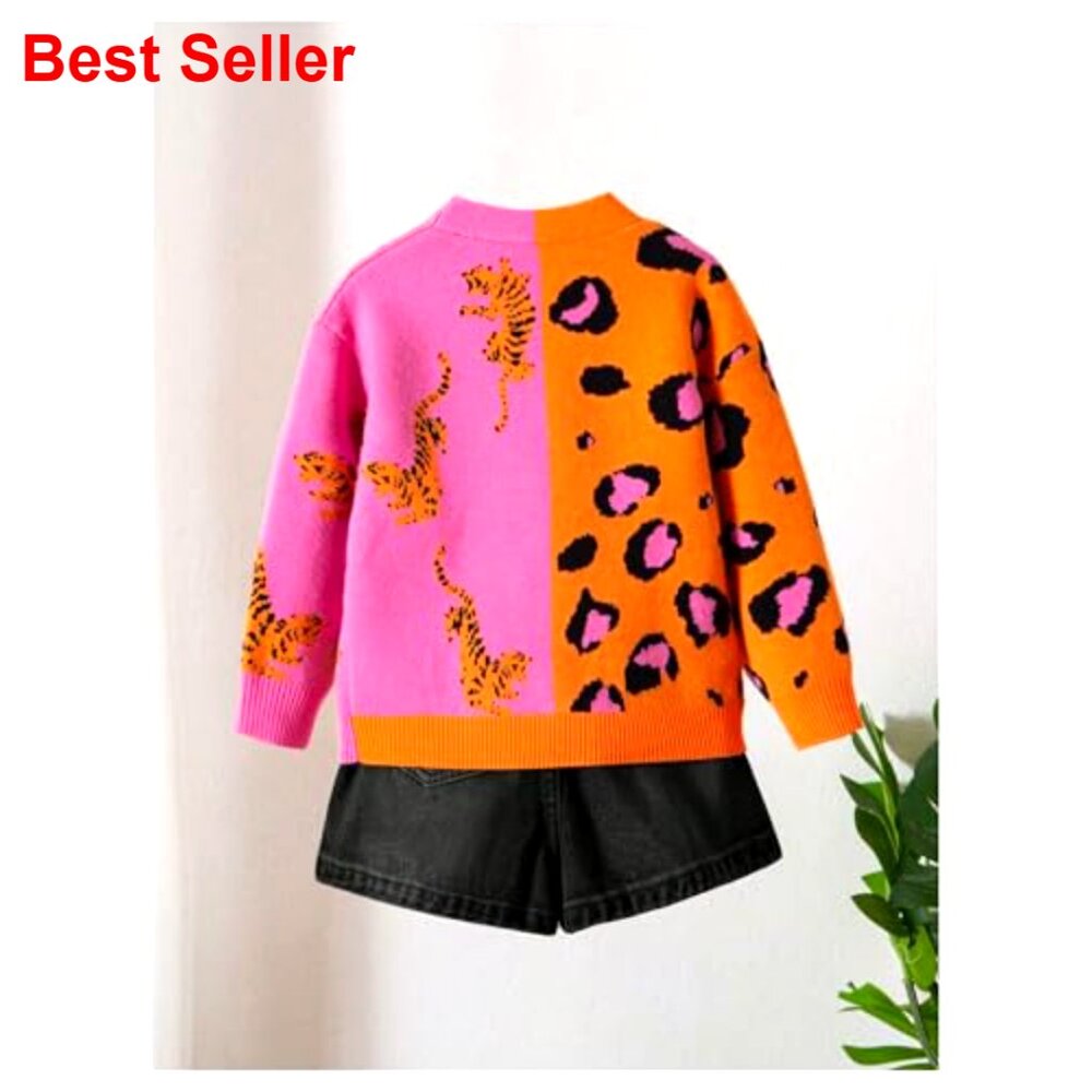 Girls Leopard Print Cardigan Sweater V Neck Button Down Fall Kids Size 4Y-7Y - Picture 2 of 5